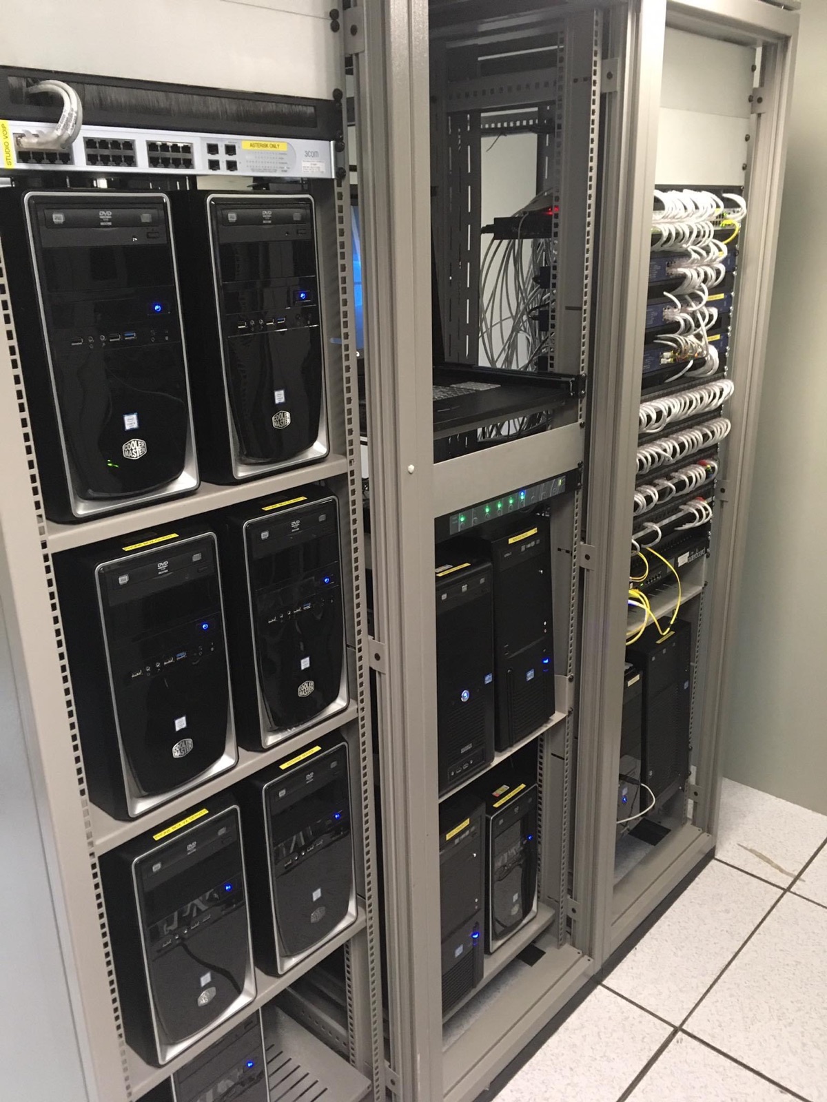 Server and broadcast equipment racks with structured cabling