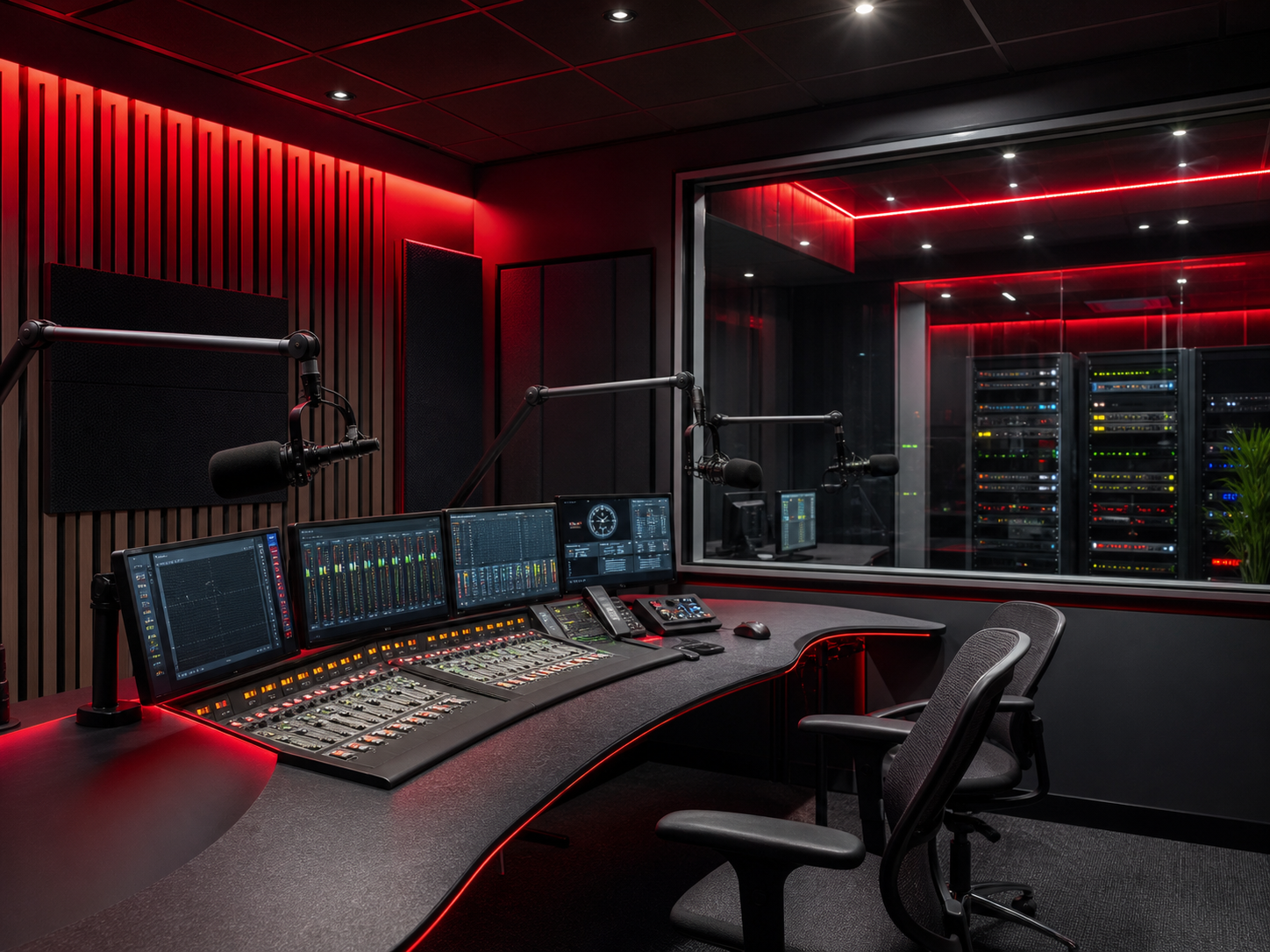 Modern radio studio infrastructure with console, microphone arms, and equipment racks